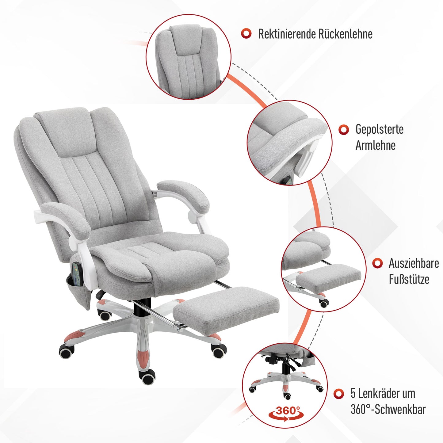 Vinsetto Massage Sessel, Bürostuhl, Gaming Stuhl, Polyester, Schaumstoff, Nylon, Grau, 66 x 63 x 107-115 cm