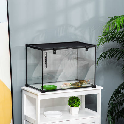 PawHut Terrarium für Reptilien Reptile Fütterungsbox Glasterrarium Amphibien Spinnentiere mit Thermometer Reptilienzuchtbox Metall Schwarz 50 x 30 x 35 cm