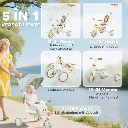 AIYAPLAY Kinder-Dreirad, wandelbarer Baby-Buggy, 5-in-1 Design, abnehmbarer Schiebegriff, verstellbar, Sicherheitsgurt, Aufbewahrungstasche, 1-3 Jahre, Cremeweiß