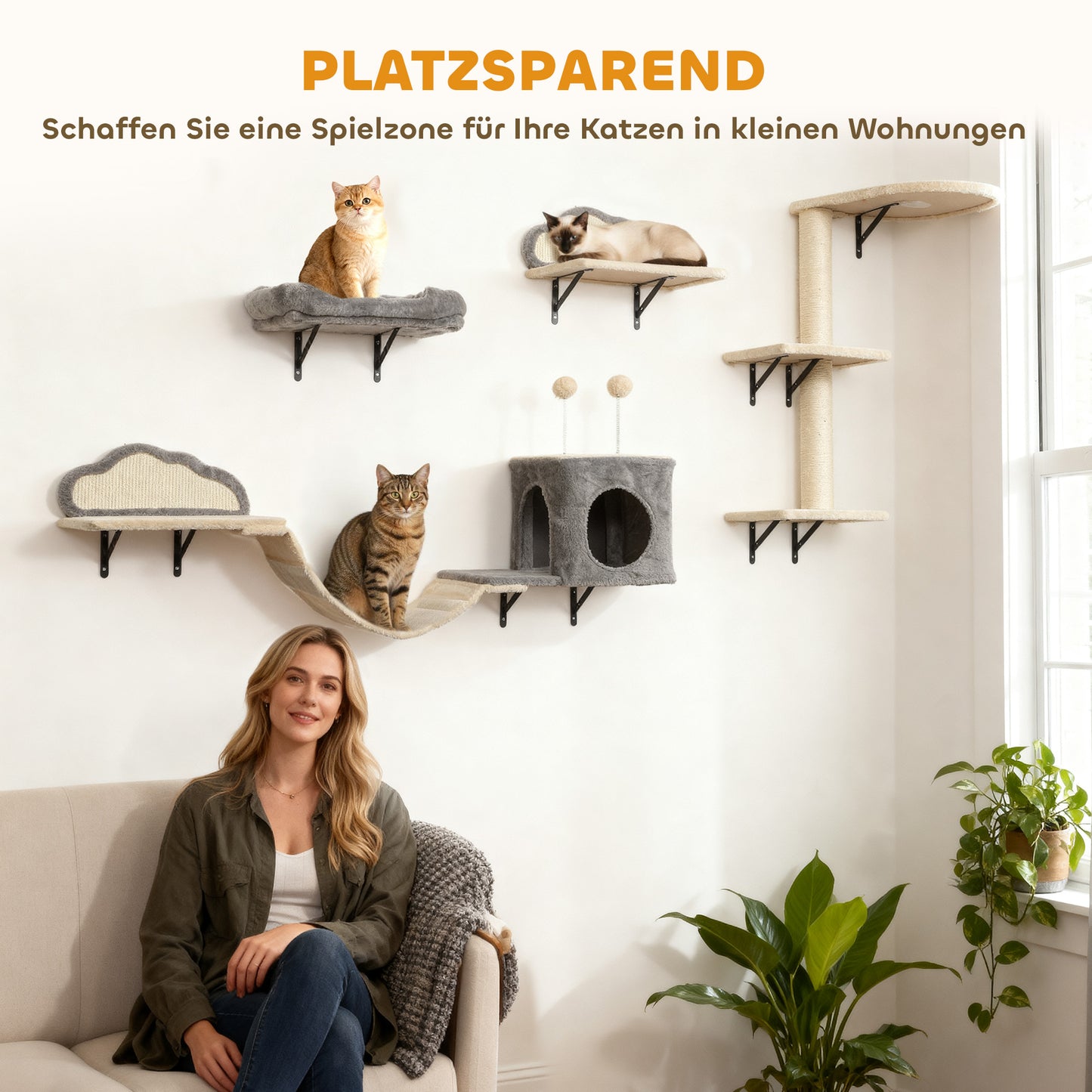 PawHut Wandmontiertes Kratzbaum-Set, Sisalkratzflächen, 4 Teile, für 1-3 Katzen, Beige