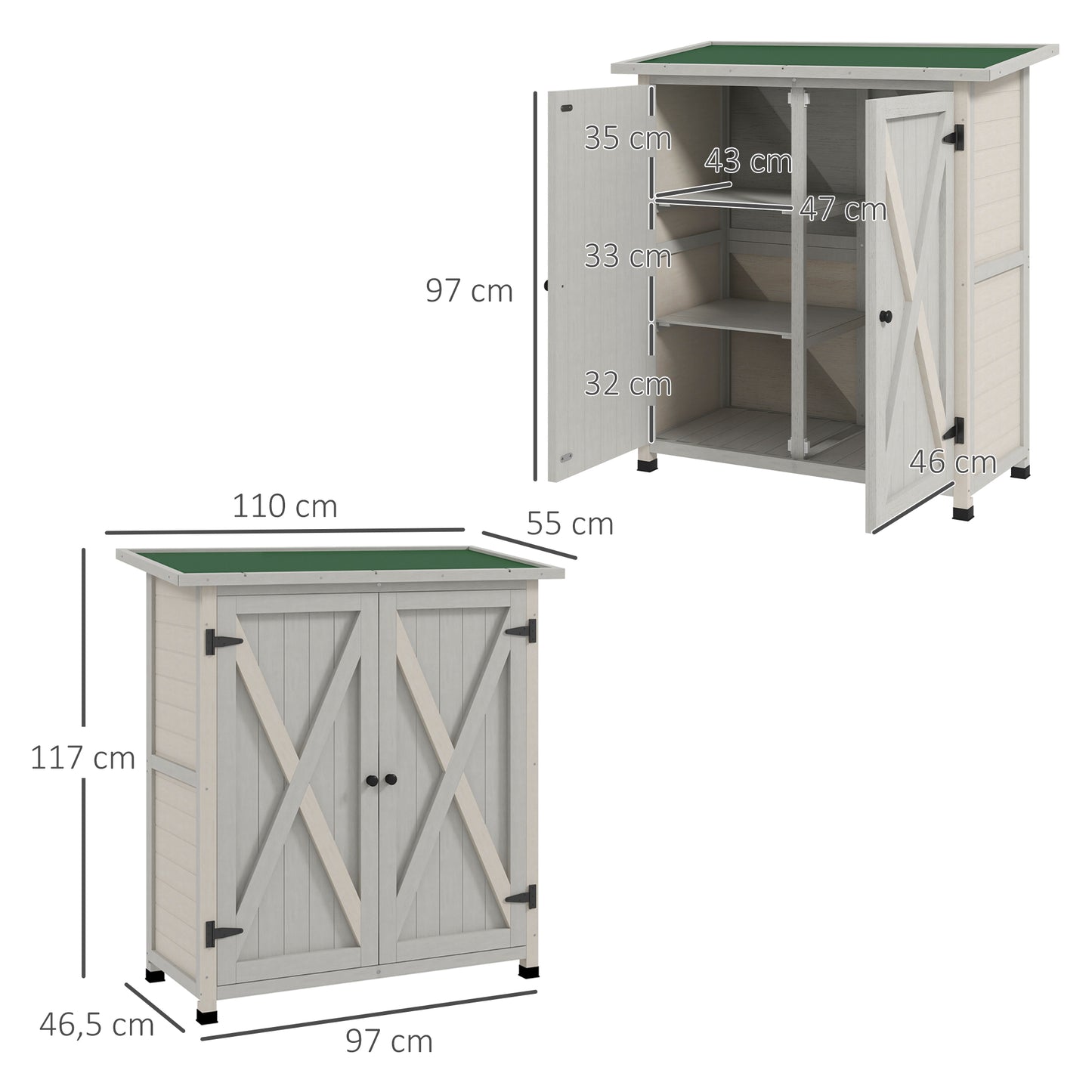 Outsunny Geräteschrank aus Holz mit 2 Türen, Geräteschuppen mit Asphaltdach, 110 x 55 x 117 cm, Hellgrau