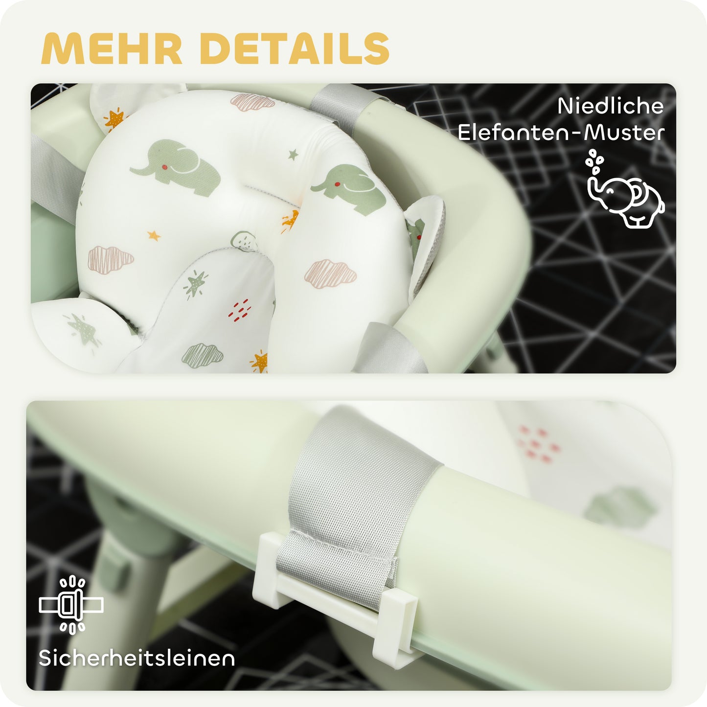 AIYAPLAY Babybadewanne, faltbar, rutschfester Boden, Elefanten-Badekissen, 86 x 53 x 25,5 cm, Grün