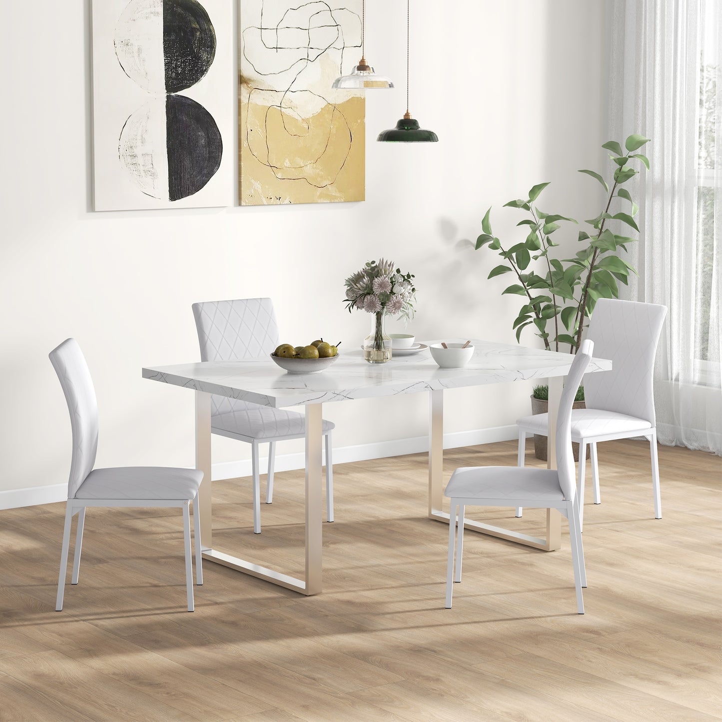 HOMCOM Esszimmerstühle im 4er-Set, Küchenstuhl mit Rückenlehne, Kunstleder, Wohnzimmerstuhl mit Fußpolster, Stühle, Polsterstuhl mit Metallbeinen für Esstisch, Weiß