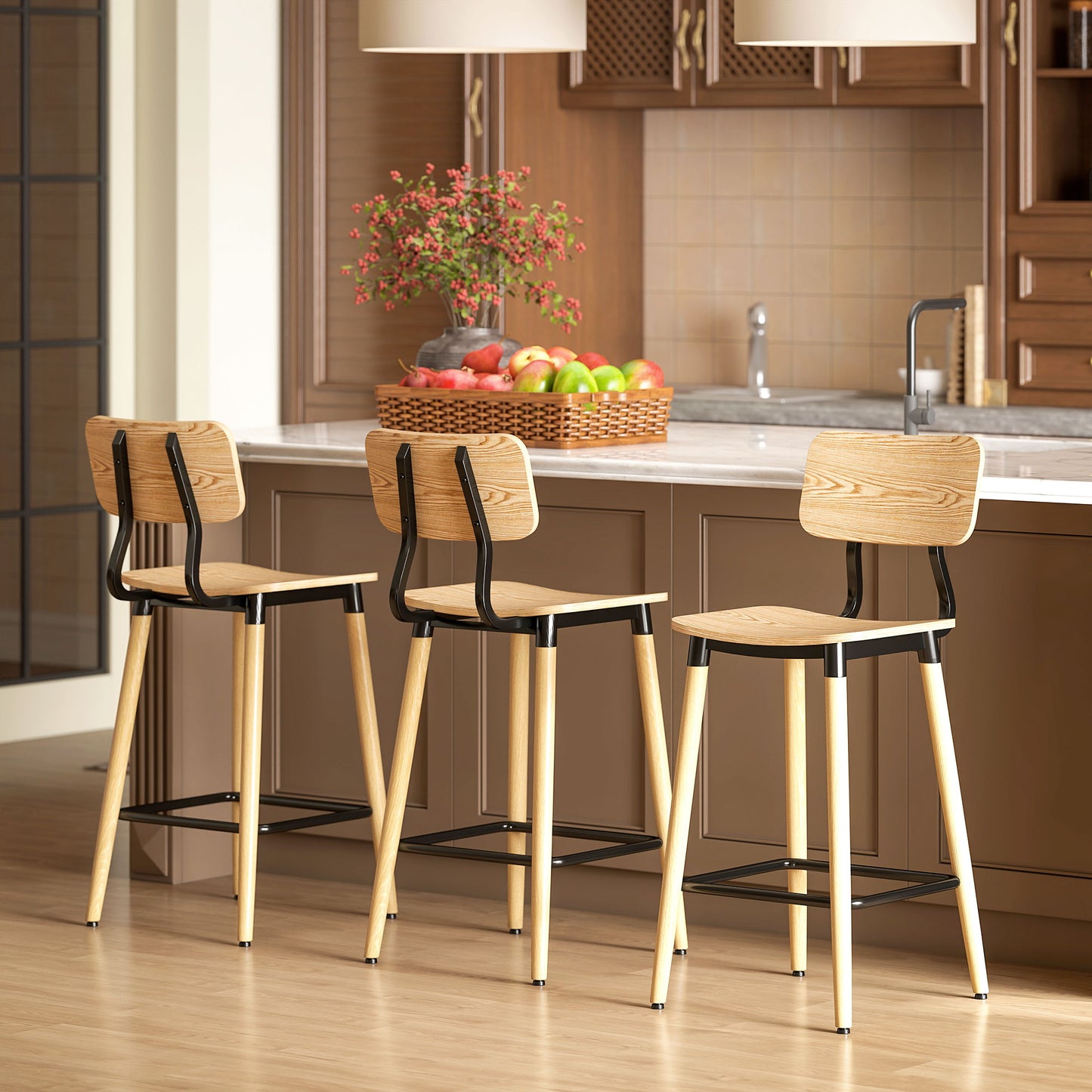 HOMCOM 2er-Set Barhocker mit Rückenlehne, Barstühle für Hausbar, Kücheninsel, Esszimmer, Holz, Metall, Hellbraun