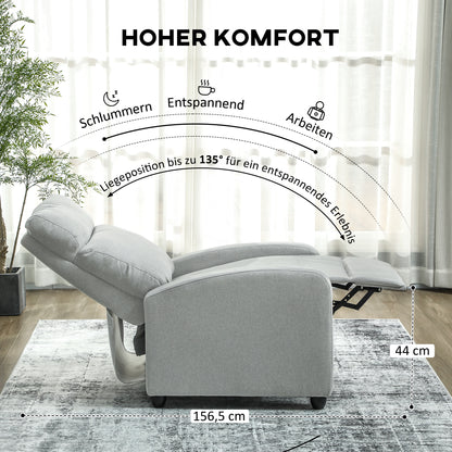 HOMCOM Relaxsessel, verstellbar 135°, ausziehbare Fußstütze, gepolsterte Lehnen, Leinen-Polyester, Hellgrau