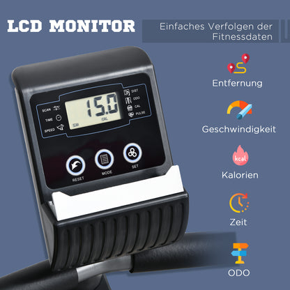 HOMCOM Liegeergometer mit LCD-Anzeige 8 stufig einstellbarem Magnetwiderstand Liegeheimtrainer mit Herzfrequenzsensoren, verstellbarer Rückenlehne, Nutzergewicht bis 110 kg für zu Hause Gym