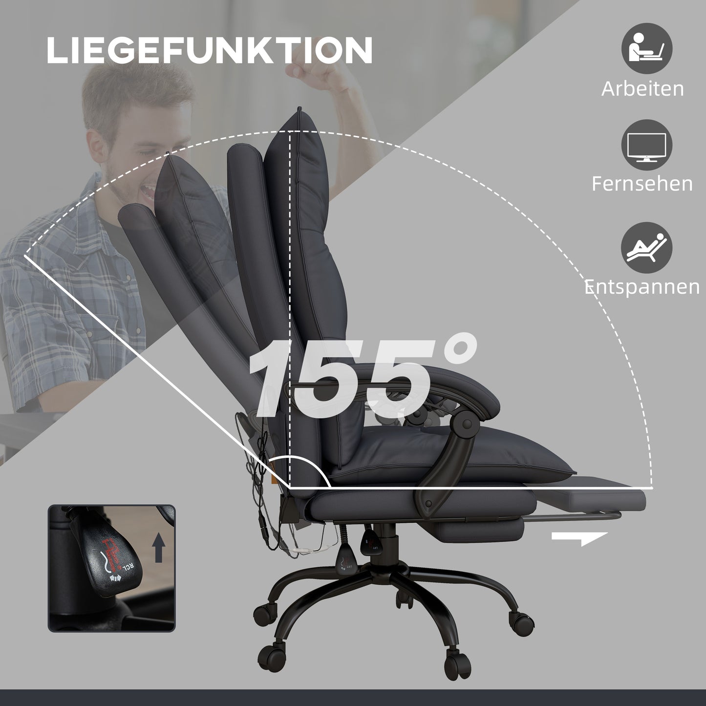Vinsetto Bürostuhl mit Massagefunktion & Heizfunktion, Fußstütze, bis 120 kg, Dunkelgrau
