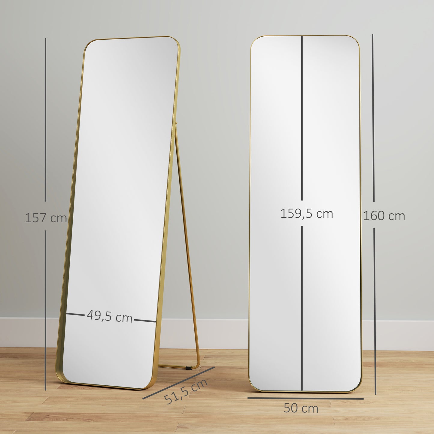 HOMCOM Ganzkörperspiegel, freistehend, neigbar, Metallrahmen, MDF, 160 x 50 cm, Goldfarben