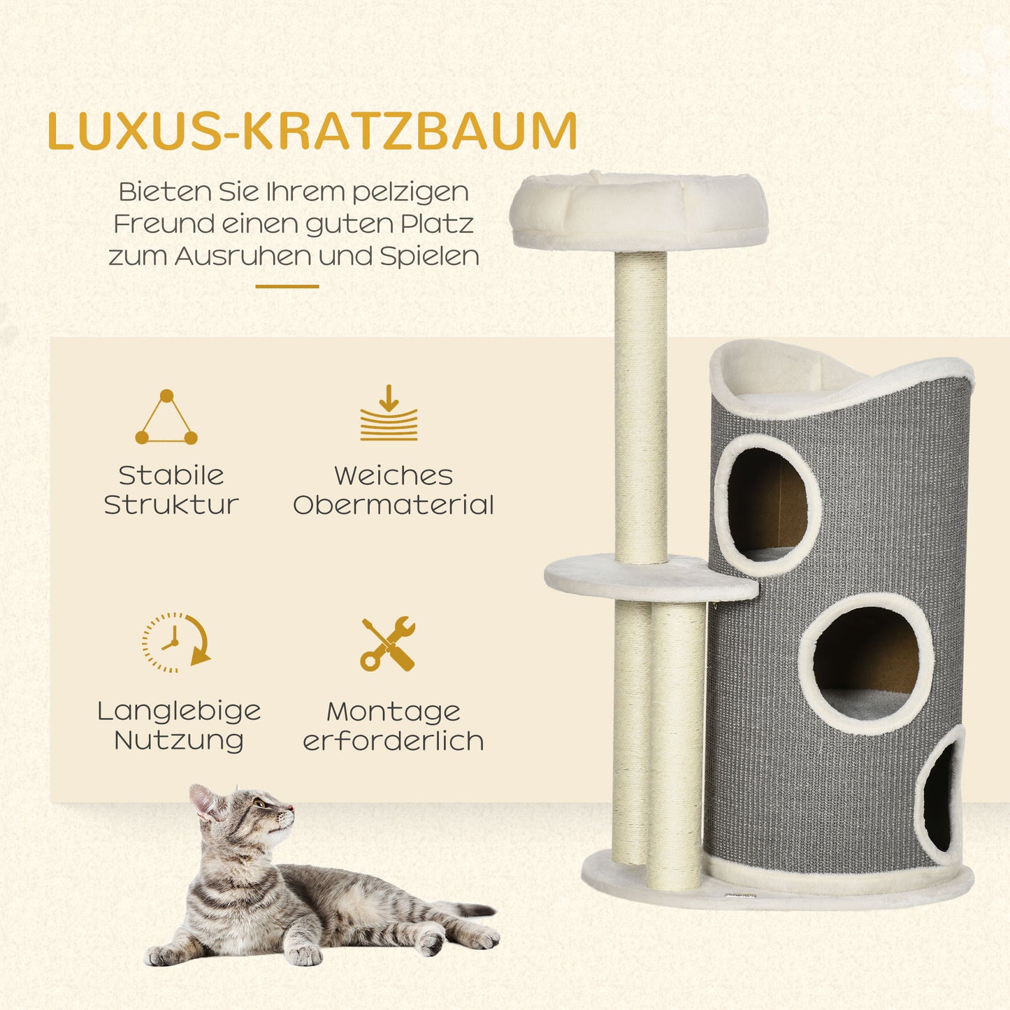 PawHut Kratzbaum mit Katzenbett u. Kratztonne für Katzen, 60 cm x 44,5 cm x 109 cm, Grau + Natur + Weiß