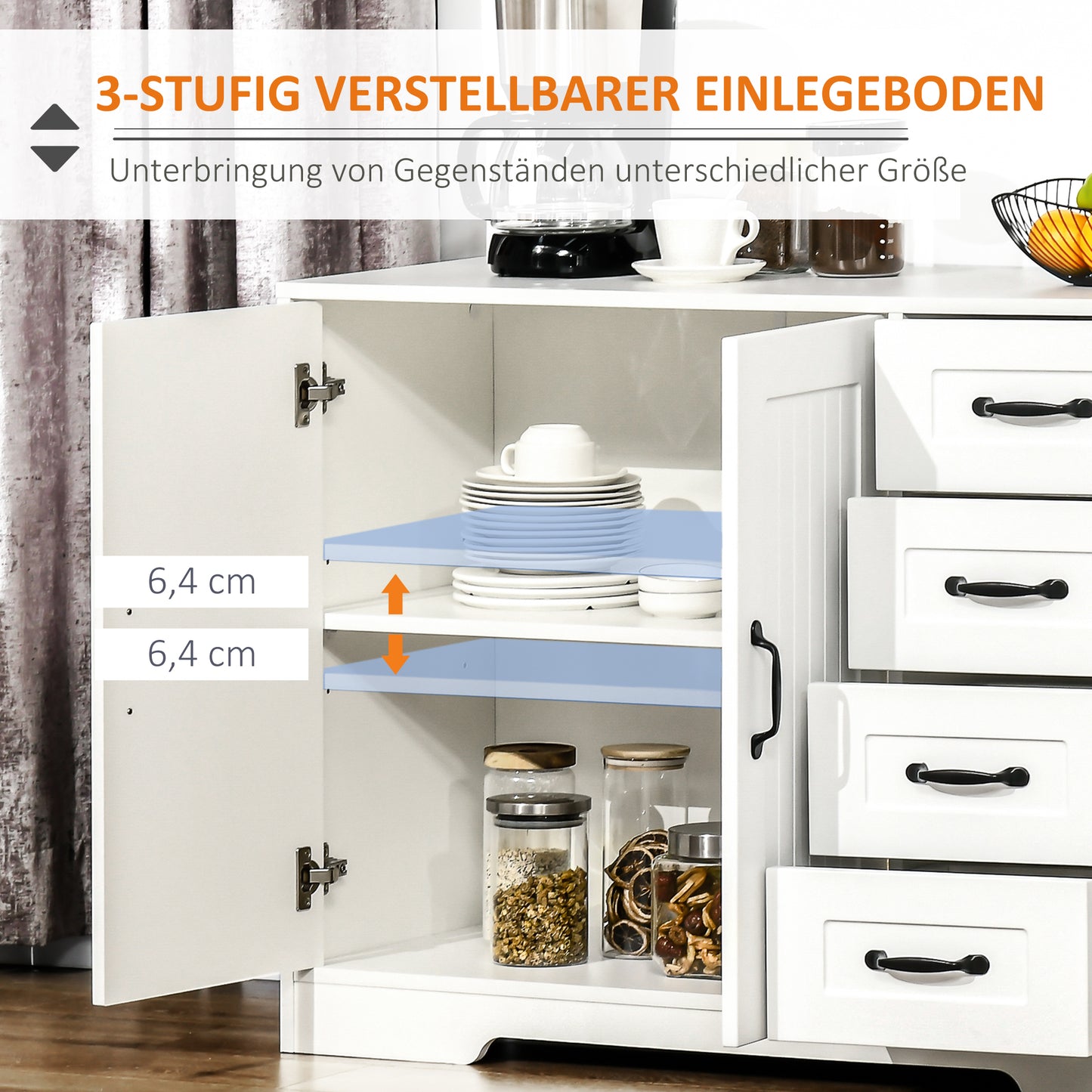 HOMCOM خزانة جانبية Kommode Anrichte، Modernstil، 4 Schubladen، 1 Schrank، 105 سم × 40 سم × 76 سم، Weiß