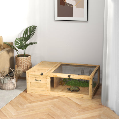 PawHut Schildkrötenhaus aus Holz, Schildkrötengehege mit Haupthäusern, aufklappbare Oberseite, 91 x 60,5 x 32 cm, Gelb