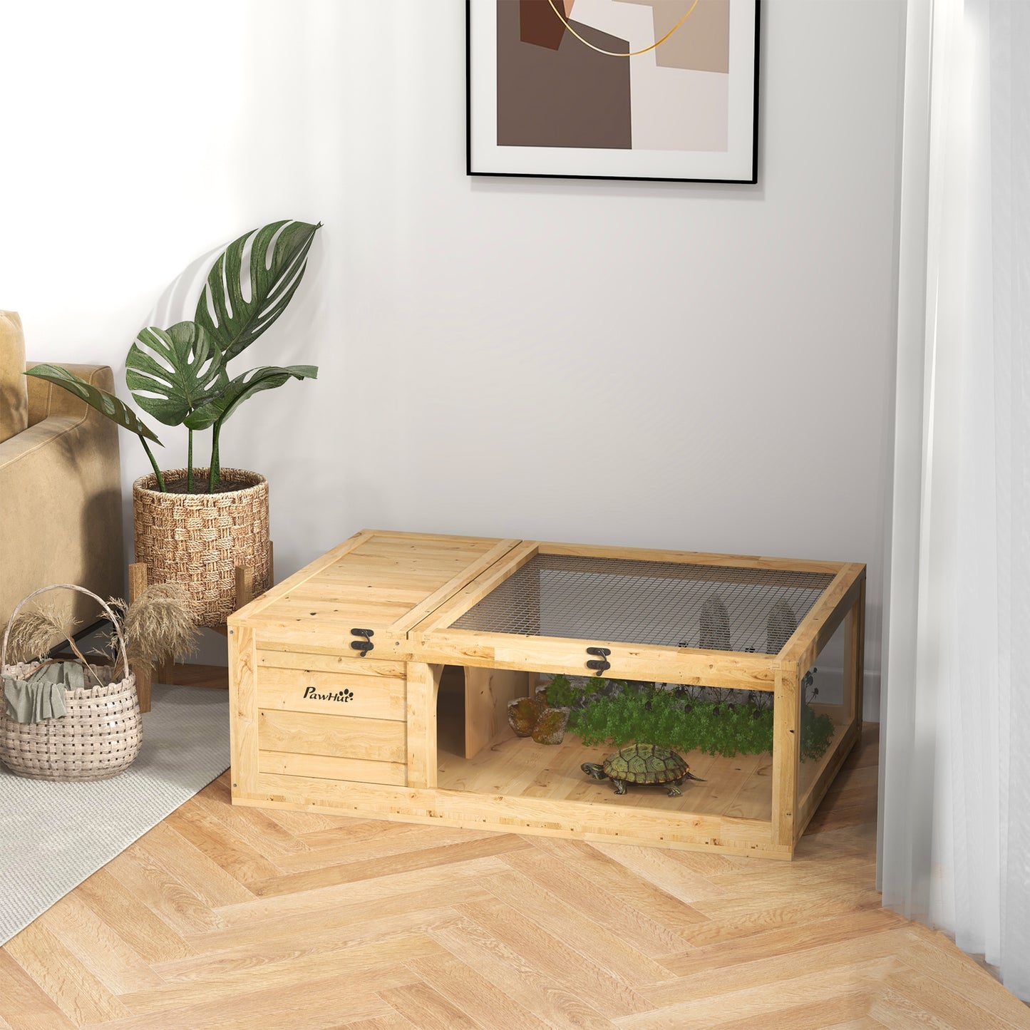 PawHut Schildkrötenhaus aus Holz, Schildkrötengehege mit Haupthäusern, aufklappbare Oberseite, 91 x 60,5 x 32 cm, Gelb