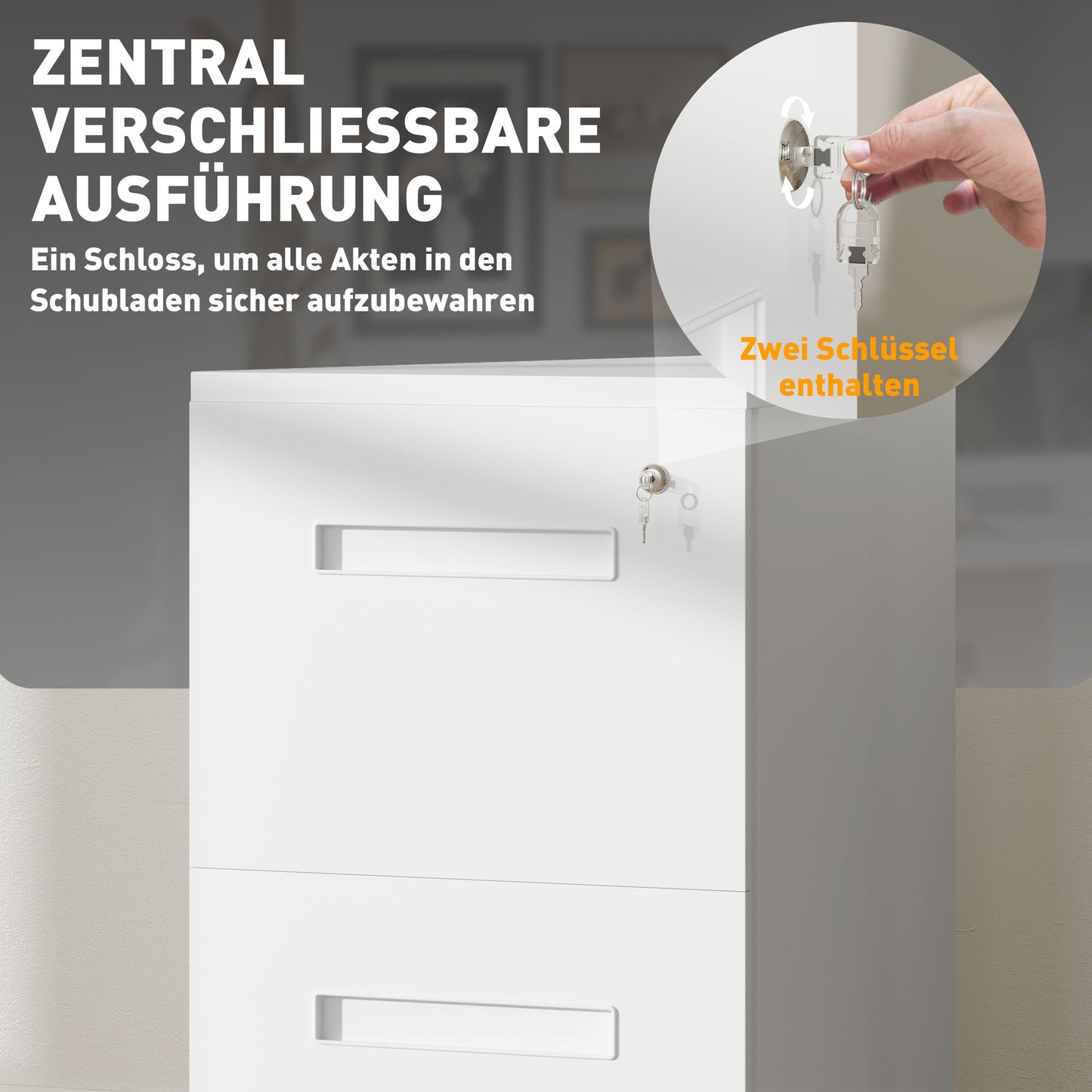 Vinsetto Rollcontainer, Aktenschrank, Trennwand, zentral abschließbar, Stahlgehäuse, 5 Räder, weiß, 39 x 48 x 67 cm