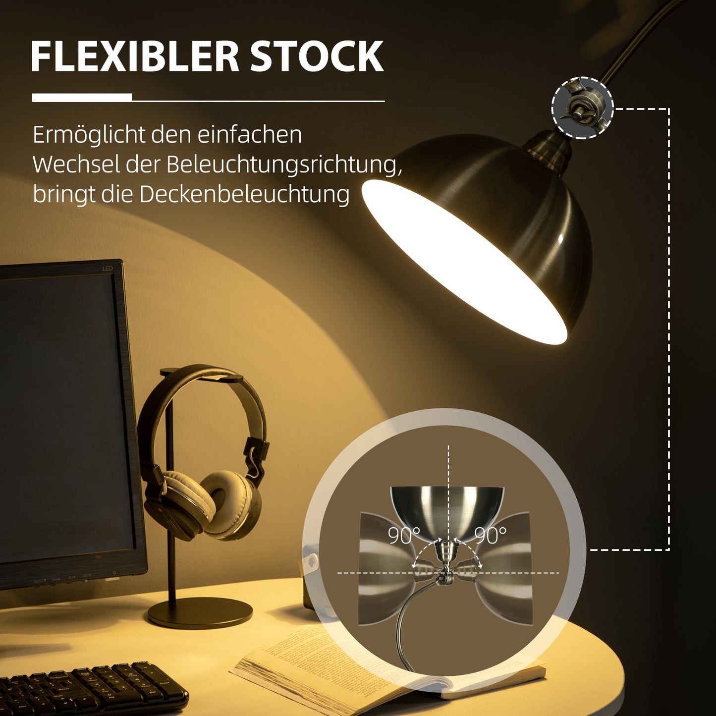 HOMCOM Stehleuchte im Vintage-Design, verstellbarer Winkel, Messing-Look, 42 cm x 25,5 cm x 152 cm, Bronze