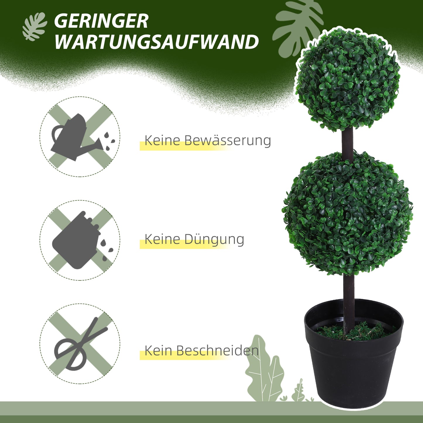 Outsunny 2er-Set Kunstpflanze, Künstliche Pflanzen im Kugeldesign, Kunstbaum im Zementtopf, Kunststoff-Pflanze, Grün+Schwarz