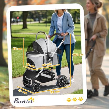 PawHut Hundewagen 3 in 1 Hundebuggy klappbar für Katzen bis 10 kg Katzenbuggy mit Kissen Becherhalter Hellgrau