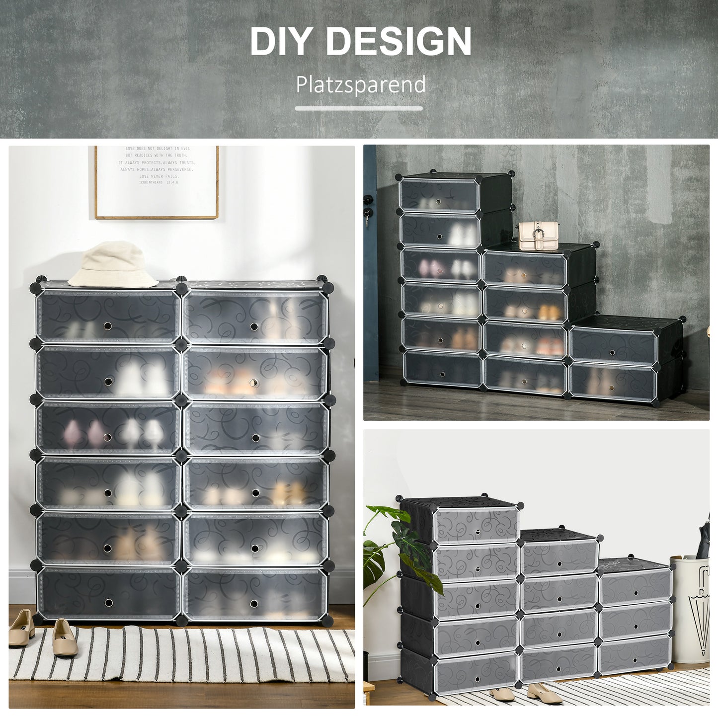 HOMCOM Schuhregal, 12 Aufbewahrungsboxen für 24 Paar Schuhe, Kunststoff, Schwarz+Weiß