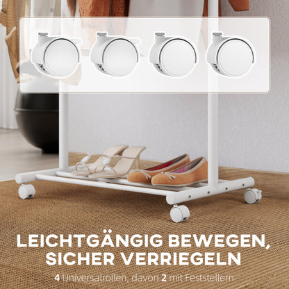 HOMCOM Kleiderständer mit Rolle, mobiler Garderobenständer mit Kleiderstange, 5 Haken, Schuhregal Weiß