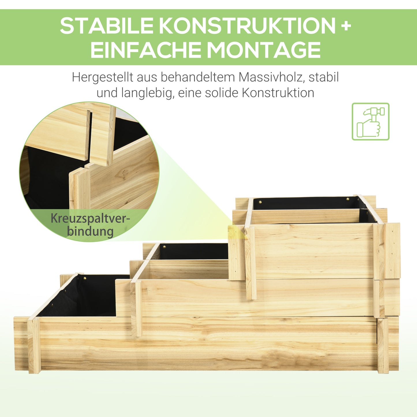 Outsunny Hochbeet, Blumenkasten, 3-stufig, Drainageöffnung, Stoffauskleidung, Naturholz, 93 x 93 x 35 cm