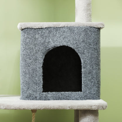 PawHut 132 cm Katzenbaum mit Kratzpfosten, Bett, Haus, Sprungplattformen, Pflegebürste, Hellgrau