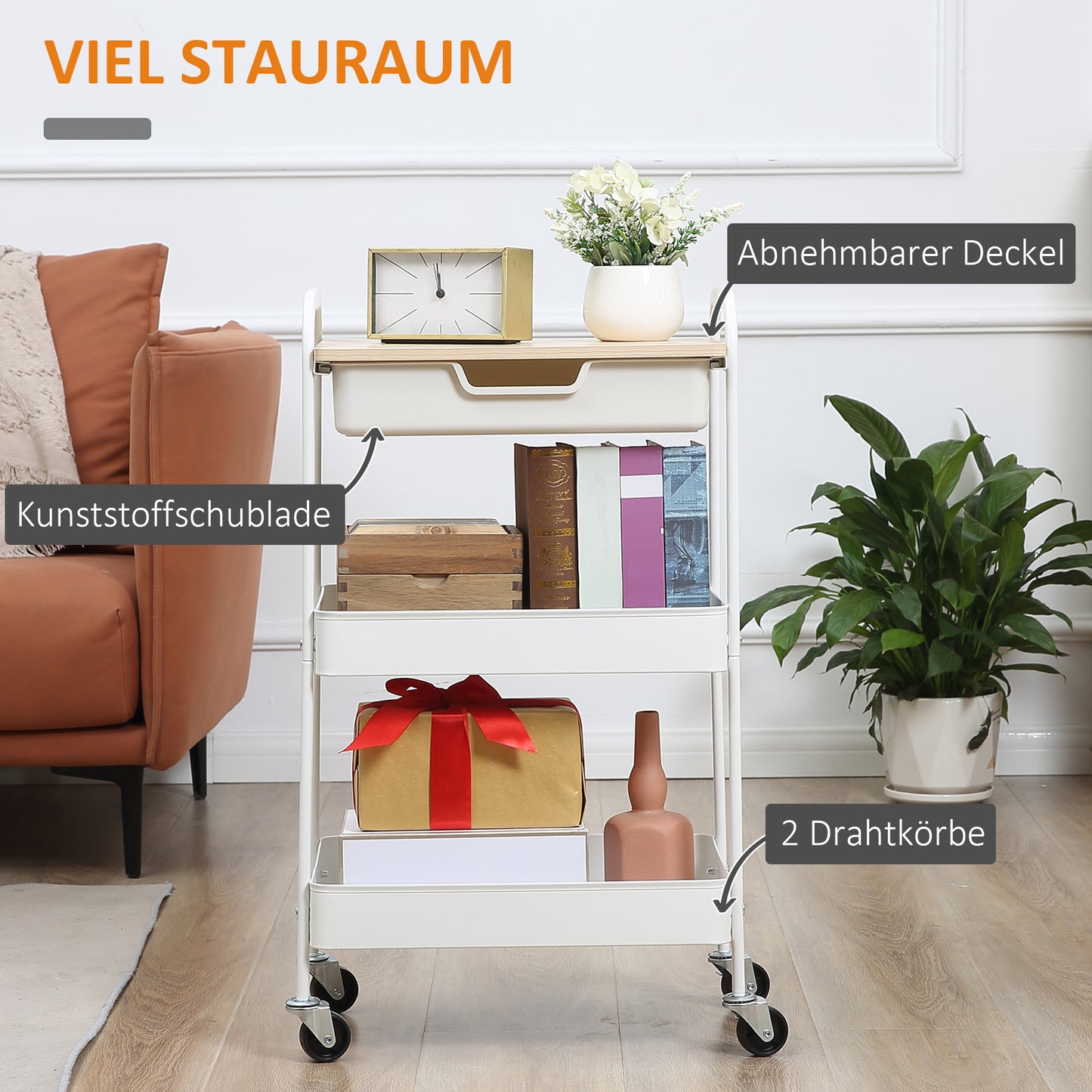 HOMCOM Rollbarer Küchenwagen, 2 Regale, Schublade, Ablage, 4 Rollen, Griffe, Stahl, Weiß