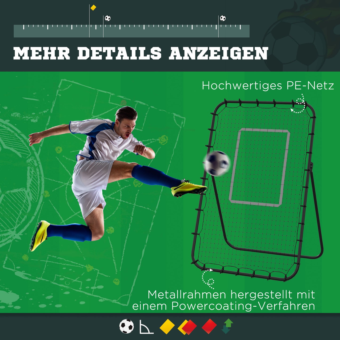 HOMCOM Fussball-Rückprallnetz, verstellbarer Winkel, höhenverstellbar, Rebounder, Kickback, Schwarz
