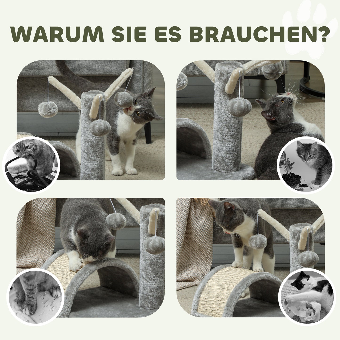 PawHut Kratzbaum 40 cm Kleiner Katzenturm mit Höhle, 2 Spielball, Kratzmatte, Katzenkratzbaum, Kletterbaum, für kleine & große Katzen, Hellgrau