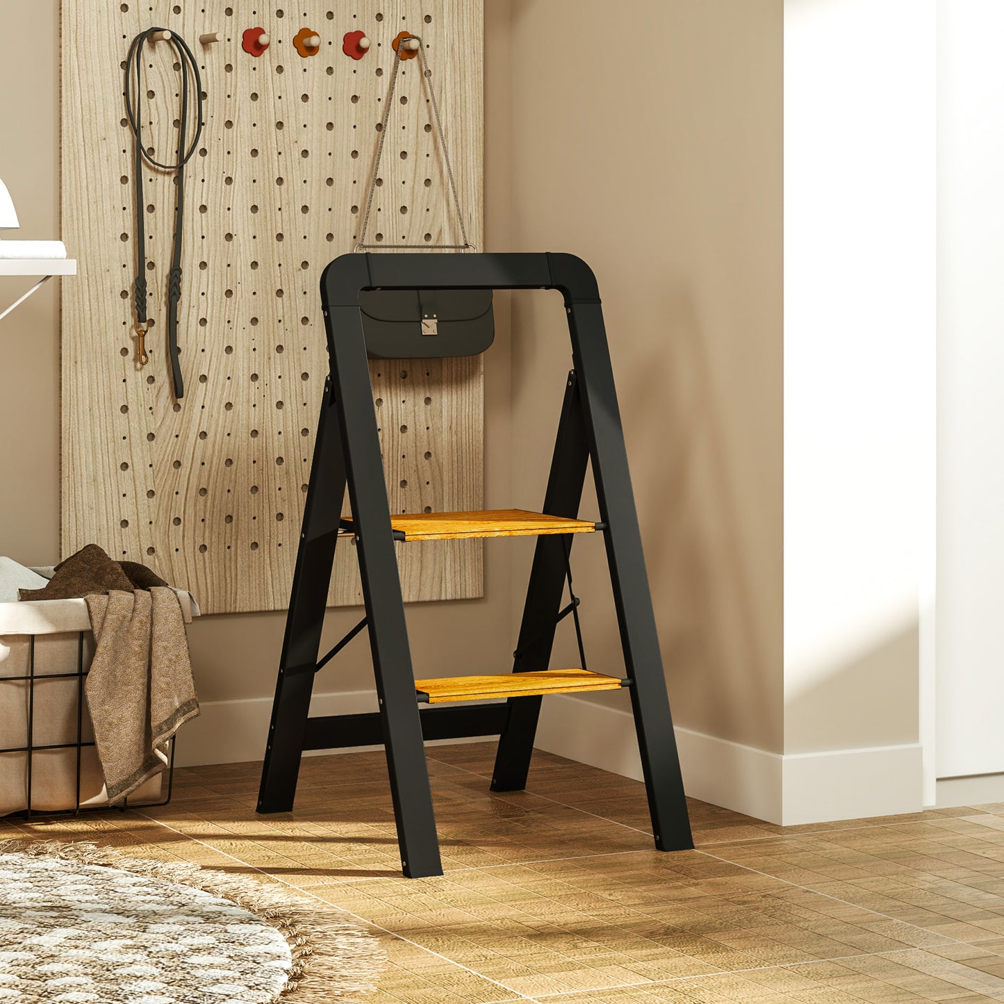 HOMCOM 2-stufige Trittleiter، Metall، faltbar، rutschfeste Plattform، Schwarz