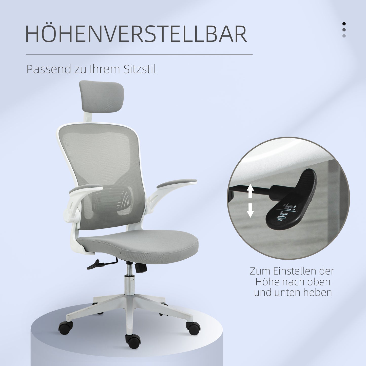 Vinsetto Bürostuhl ergonomischer Shreibtischstuhl mit Wippfunktion hoher Rückenlehne Lendenwirbelstütze Kopfstütze hochklappbarem Arm Home-Office Grau 65 x 64 x 114-122 cm