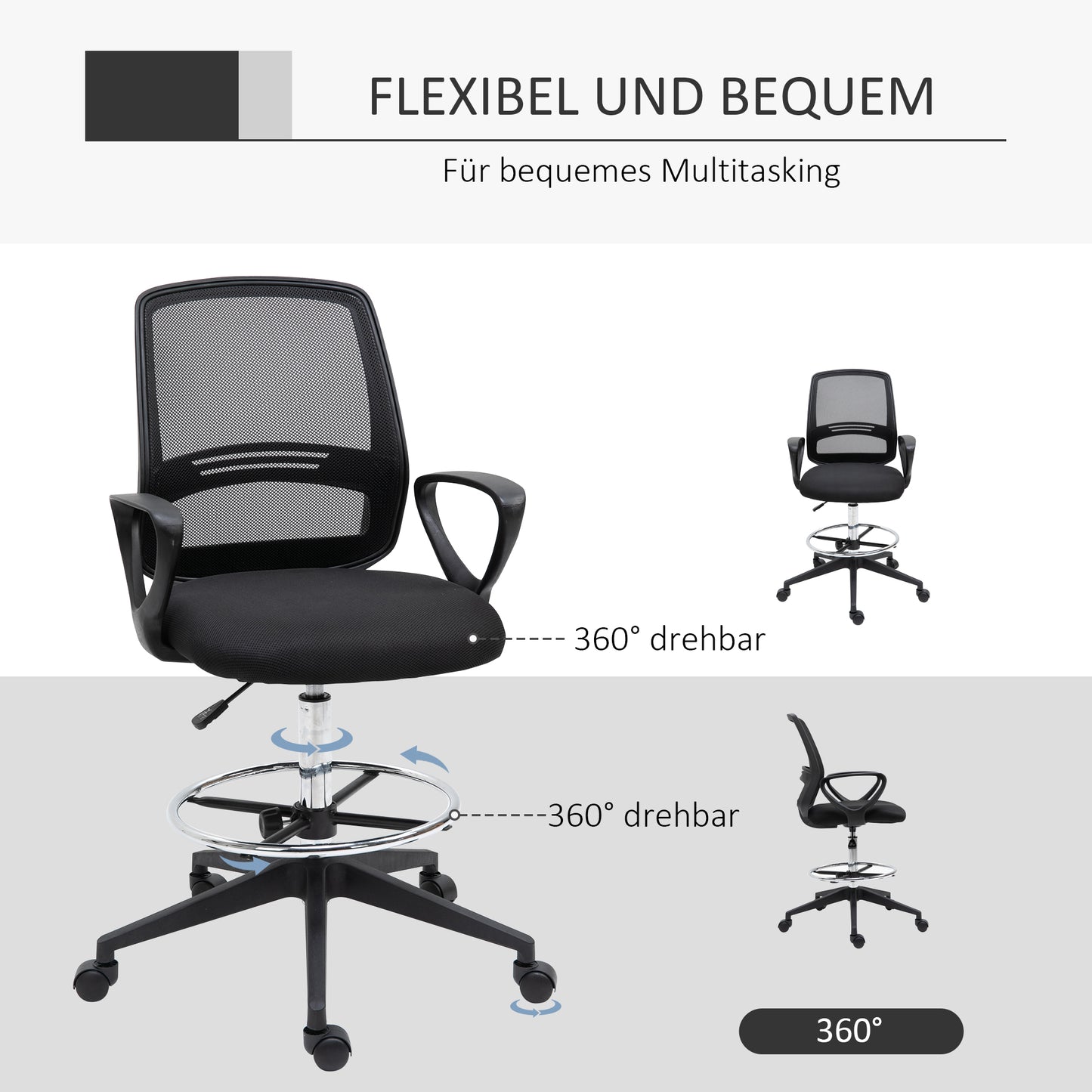 Vinsetto Bürostuhl Ergonomischer Schreibtischstuhl mit Armlehnen und Verstellbarer Fußring, Höhenverstellbarer Drehstuhl mit Netzbespannung Schwarz
