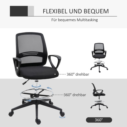 Vinsetto Bürostuhl Ergonomischer Schreibtischstuhl mit Armlehnen und Verstellbarer Fußring, Höhenverstellbarer Drehstuhl mit Netzbespannung Schwarz