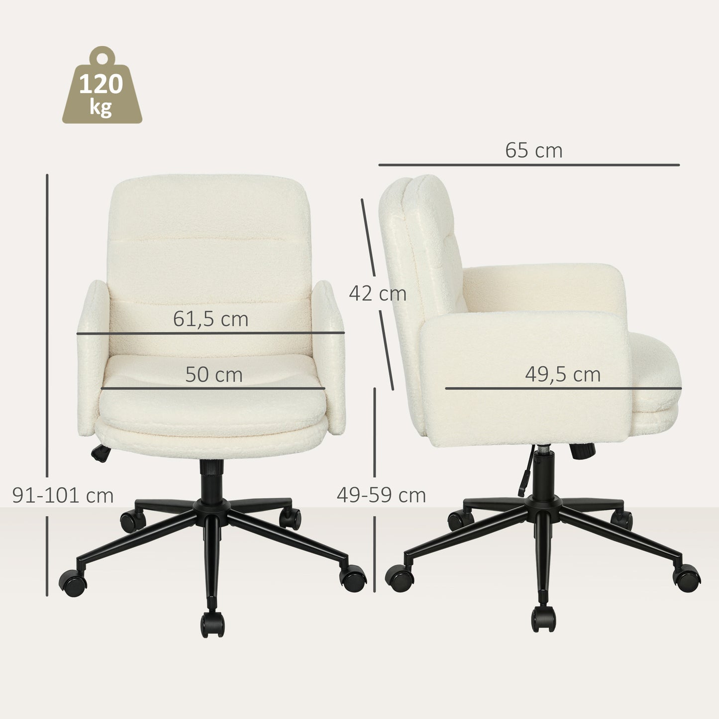 HOMCOM Fahrbarer Bürostuhl mit Stoffbezug, Armlehne, 5 Räder, drehbar, Cremeweiß