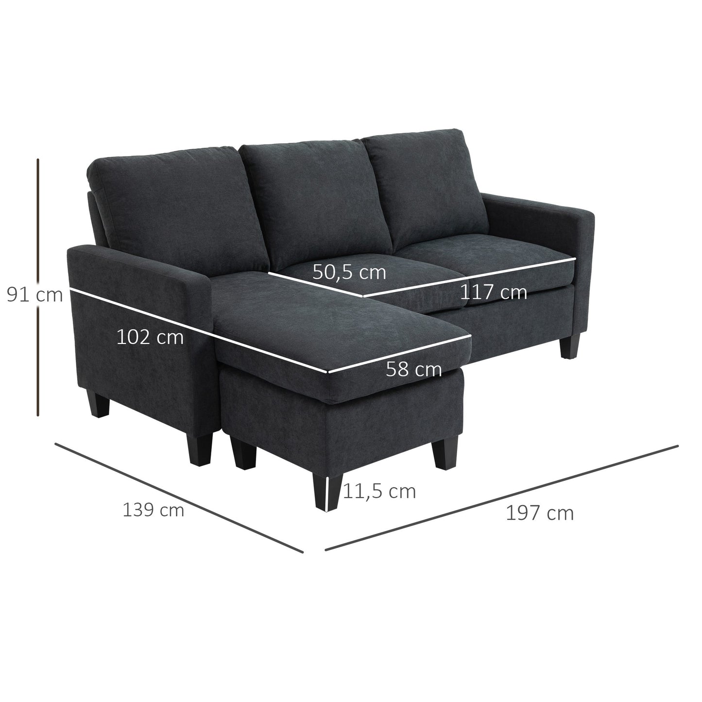 HOMCOM Ecksofa, Couchgarnitur, mit wendbarer Chaiselongue, 197 x 139 x 91cm, dunkelgrau