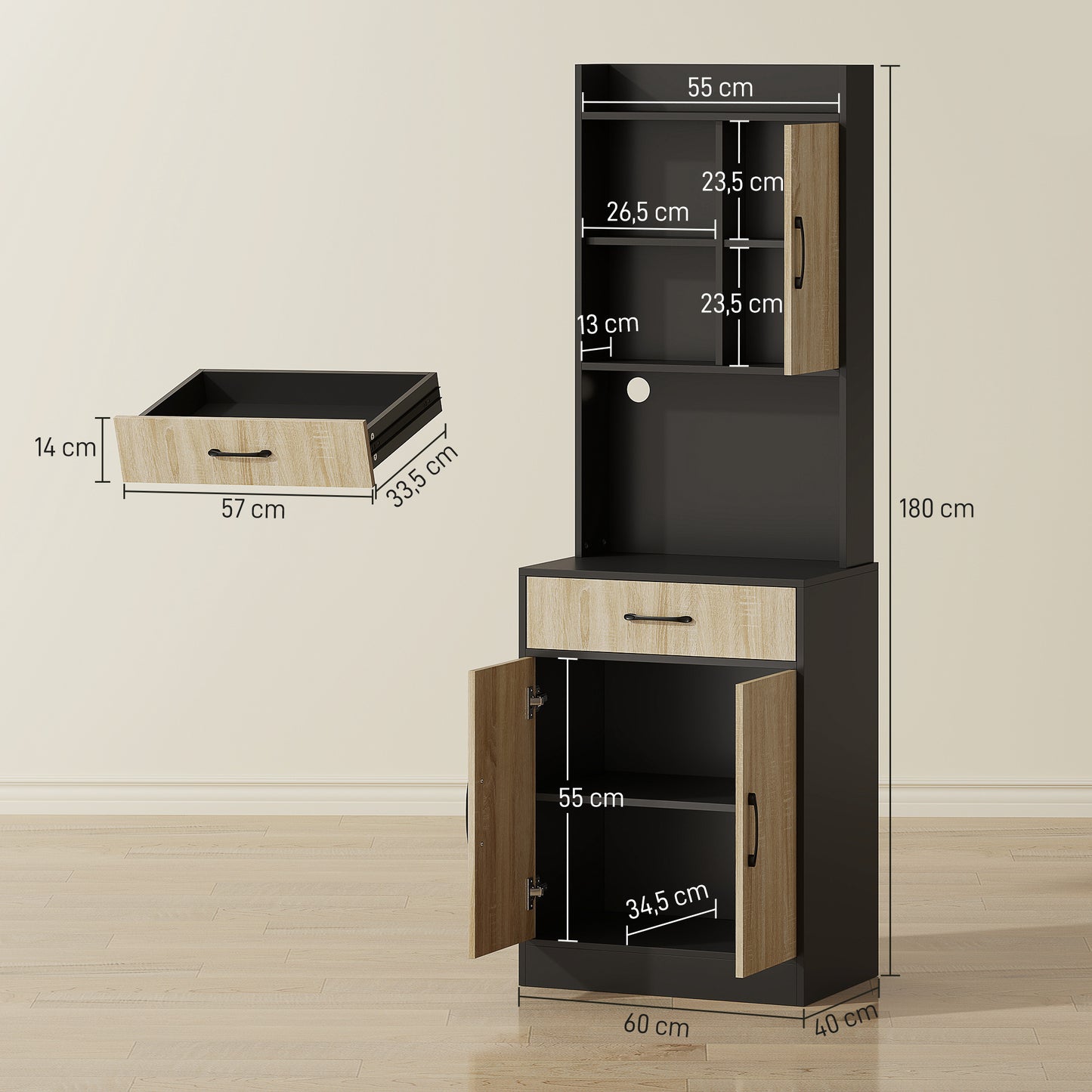 HOMCOM Küchenschrank mit Arbeitsfläche und Kabelloch, moderne Küchenkommode mit Schublade, 3 offene Regale, Naturholz, Schwarz