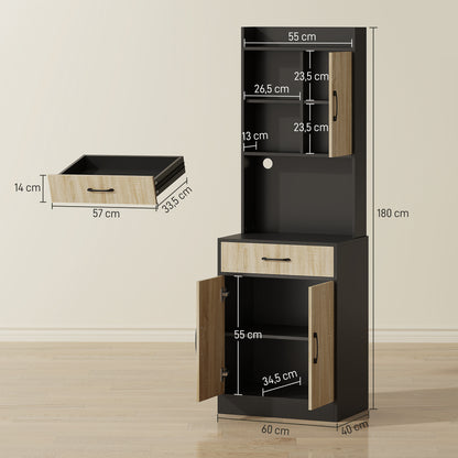 HOMCOM Küchenschrank mit Arbeitsfläche und Kabelloch, moderne Küchenkommode mit Schublade, 3 offene Regale, Naturholz, Schwarz