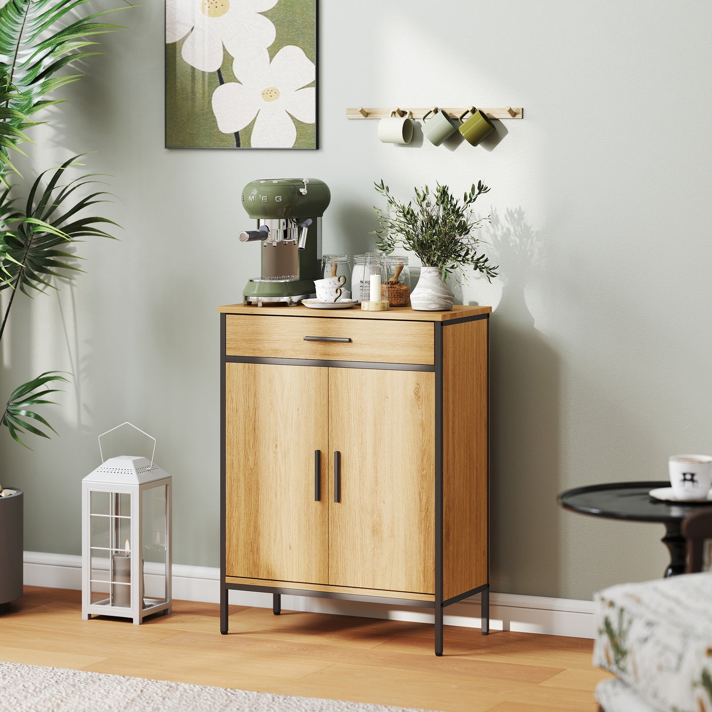 HOMCOM Badezimmerschrank, zweistufige Regale, große Schublade, Industriestil, Eichenoptik