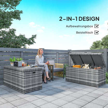 Outsunny Rattan Auflagenbox 380L wetterfest Kissenbox mit Deckel Stauraum UV-beständig 130 x 61 x 65 cm Dunkelgrau