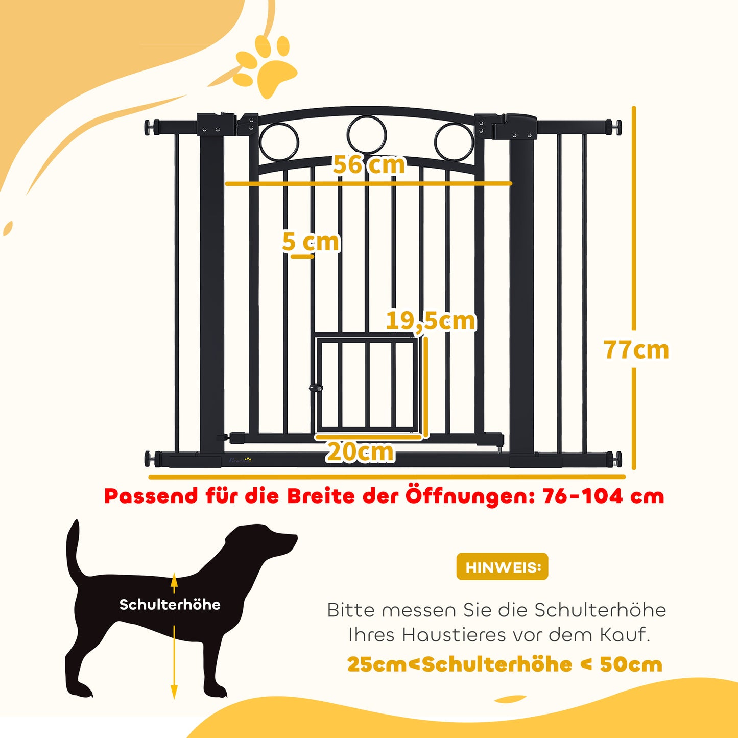 PawHut Haustiertor, 77 cm Treppengatter, verstellbare Breite 76-104 cm, mit Katzentür, für Treppen und Türöffnungen, Schwarz