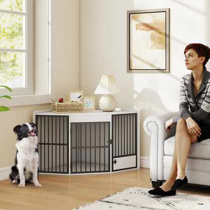 PawHut Hundebox, Aufenthaltsbox für kleine und mittelgroße Hunde, Haustierbox, Fütterungstür, MDF, Metall, Weiß