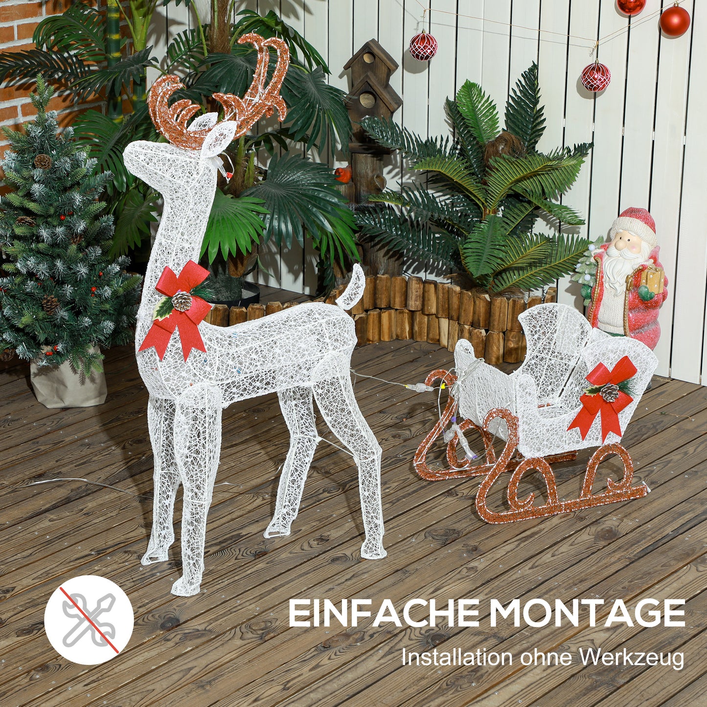 Outsunny LED-Weihnachtsdekoration, leuchtendes Rentier und Schlitten, 170 Lichter, 50 x 29 x 42 cm
