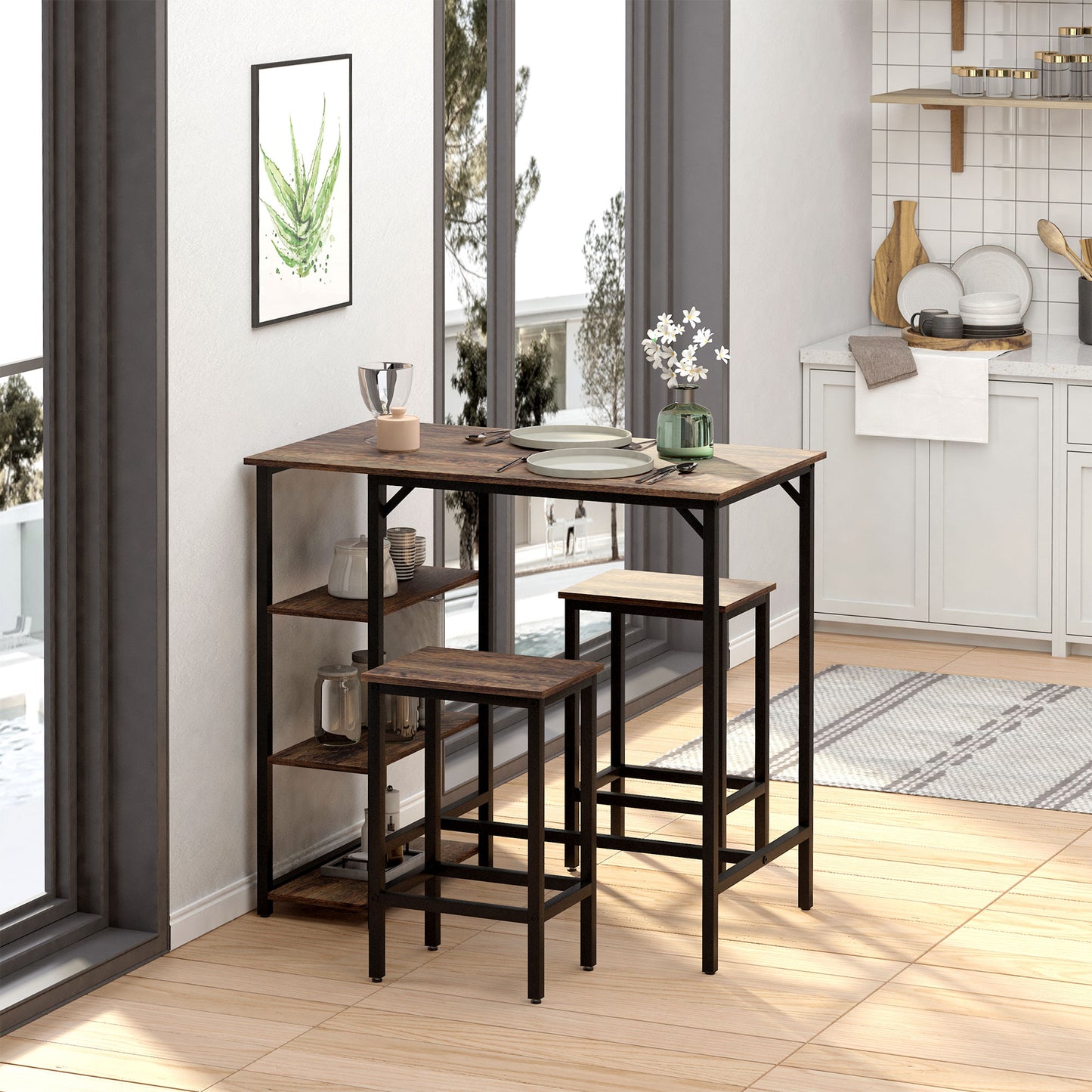 HOMCOM Bartisch-Set Stehtisch mit 2 Barhockern Essgruppe 3-teiliges Tischset Küchentresen mit Regale Spanplatte Stahl Rustikales Braun+Schwarz 109 x 60 x 100 cm