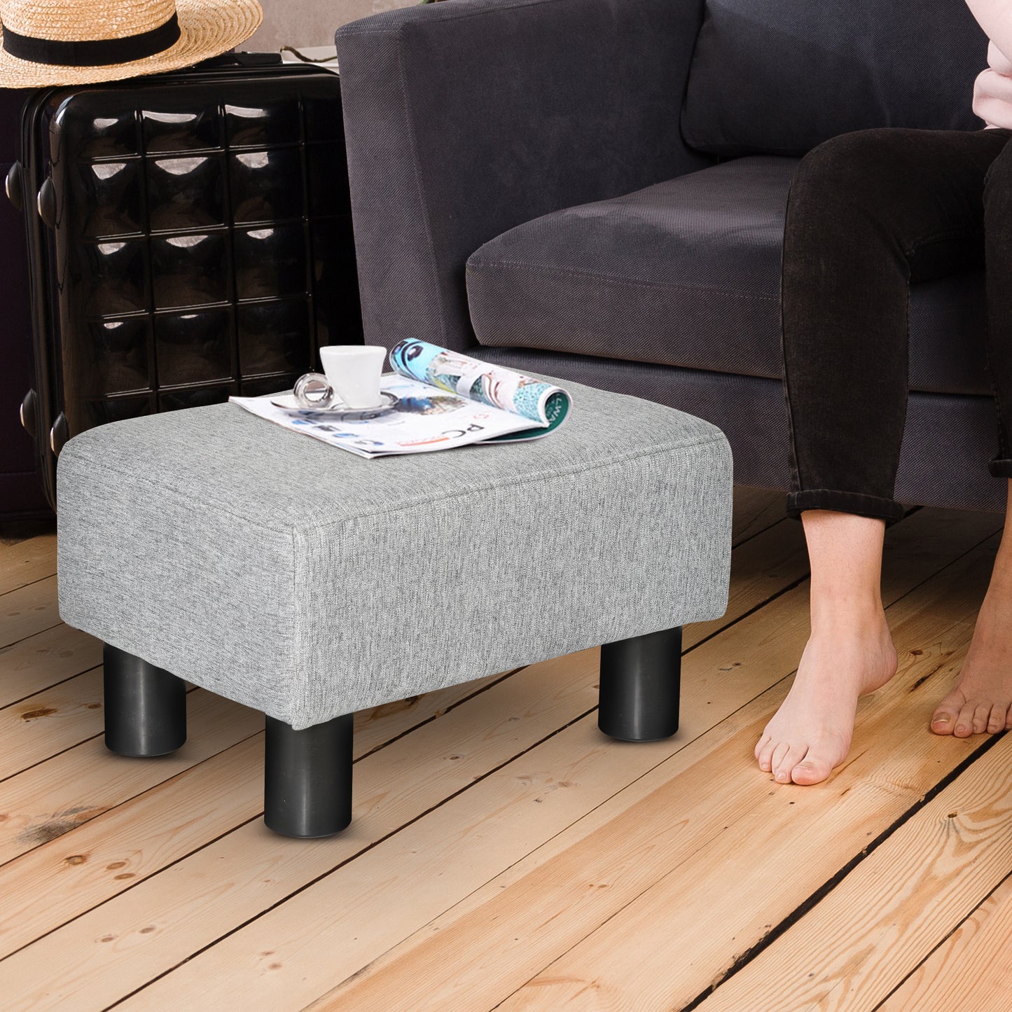 HOMCOM Hocker mit Stoffbezug in Leinenoptik, bis 110 kg, hellgrau, 40 x 30 x 24cm