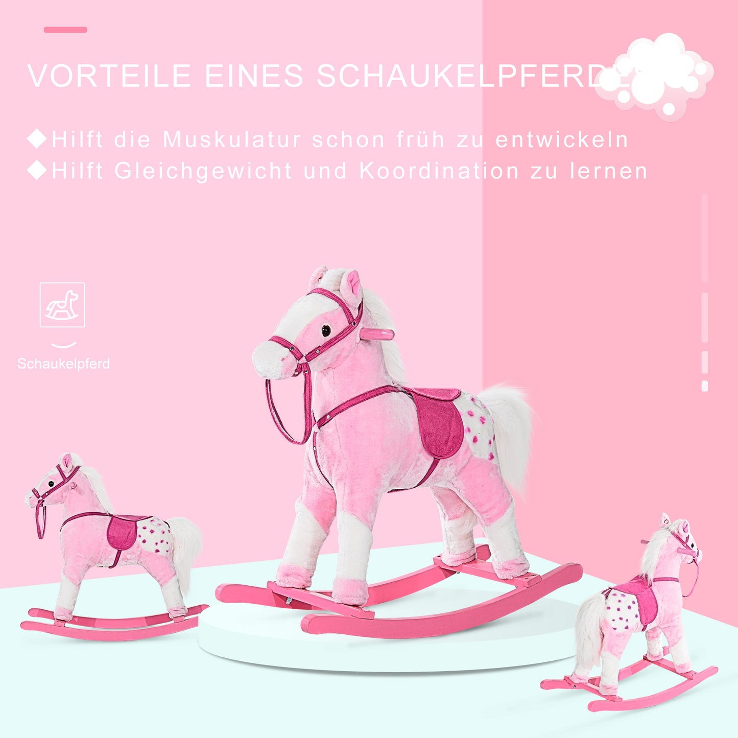 HOMCOM Schaukelpferd Schaukeltier mit Sound Effekt, Haltegriffen Plüsch Baby Schaukelspielzeug Schaukel für 3-6 Jahre Kinder