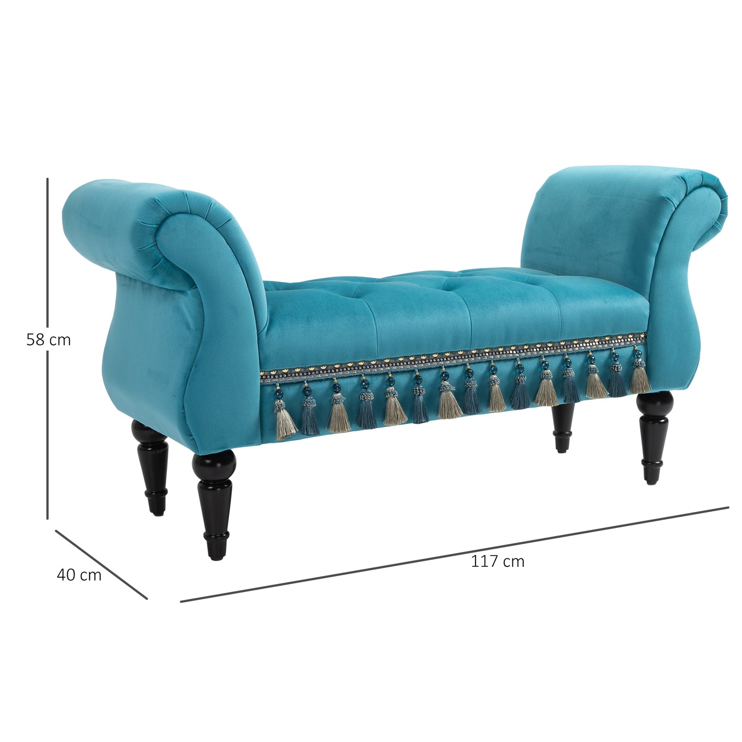 HOMCOM Sitzbank Polsterbank mit Samt-Bezug, Armlehne Bettbank mit Holzrahmen, Schuhbank für Schlafzimmer, Wohnzimmer, Flur 117 x 40 x 58 cm Blau