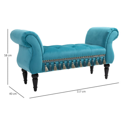 HOMCOM Sitzbank Polsterbank mit Samt-Bezug, Armlehne Bettbank mit Holzrahmen, Schuhbank für Schlafzimmer, Wohnzimmer, Flur 117 x 40 x 58 cm Blau