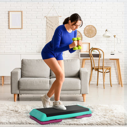 HOMCOM Steppbrett höhenverstellbar Fitness Stepper 3 Stufen (10/15/20 cm) Rutschfest Stepbench für Zuhause Fitnessstudio Büro Kunststoff Schwarz+Grün+Violett