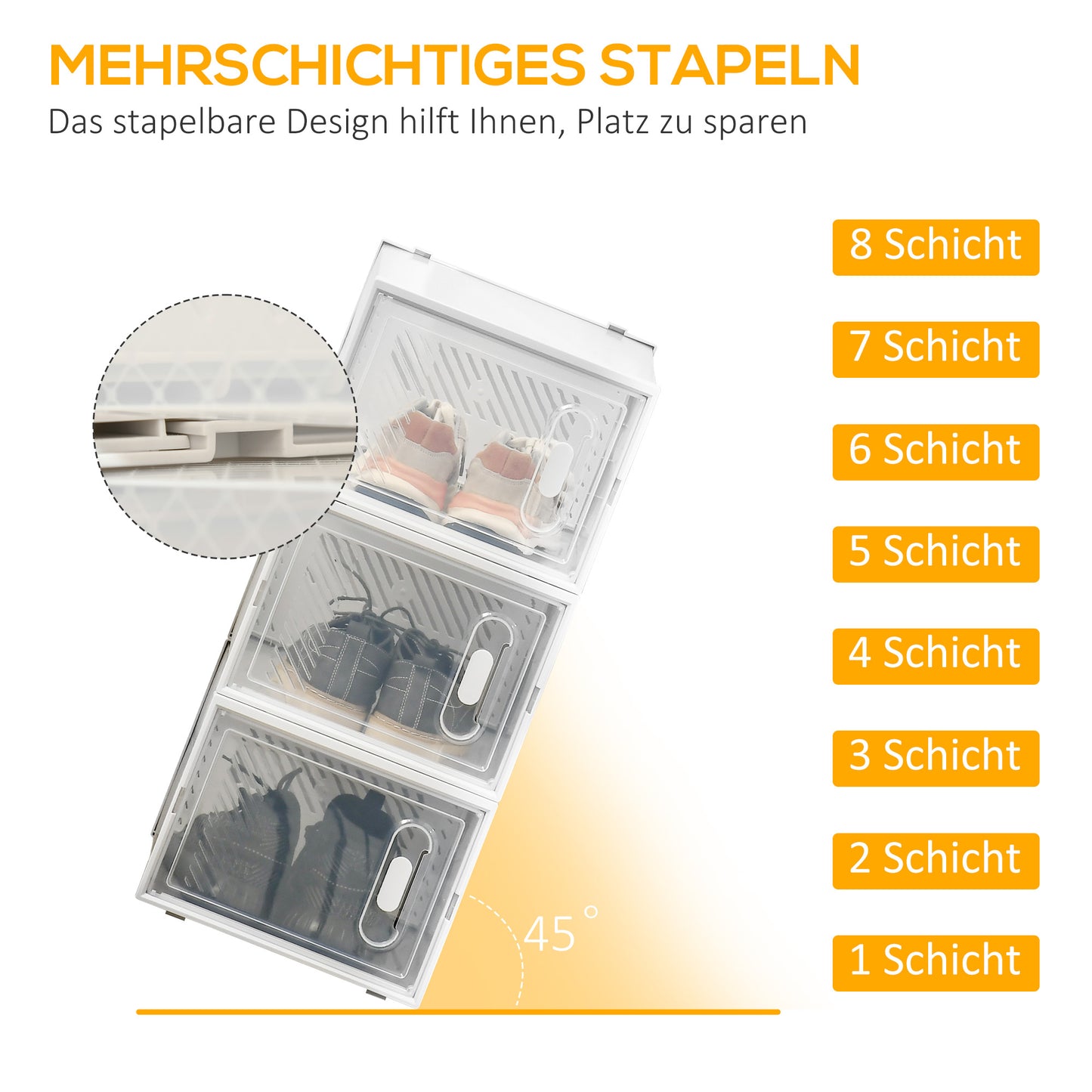 HOMCOM 8-teiliges Schuhregal, stapelbare Schuhboxen für Schuhe bis Größe 46, magnetische Türen, Kunststoff, 28 x 36 x 21 cm