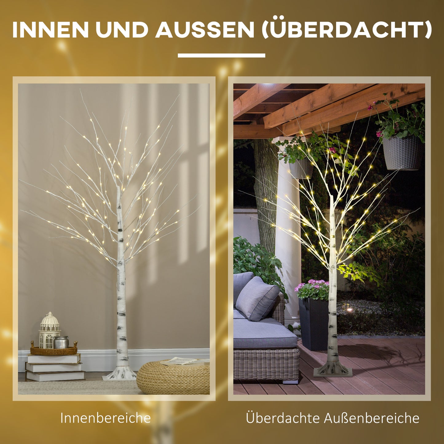 HOMCOM Künstliche Birke mit LEDs, biegsame Äste, Kunststoff und Metall, 150 cm, Weiß