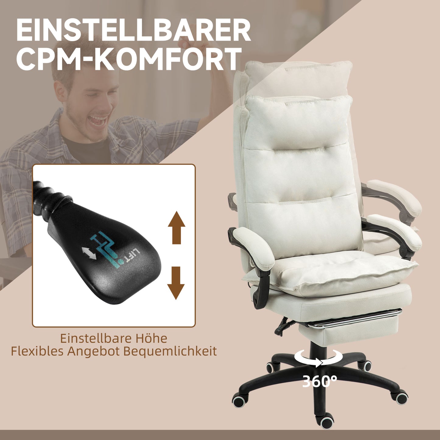 Vinsetto Massage-Bürostuhl, Schreibtischsessel mit Massagefunktion, höhenverstellbarer, ergonomischer Drehstuhl, Nylon, Cremeweiß