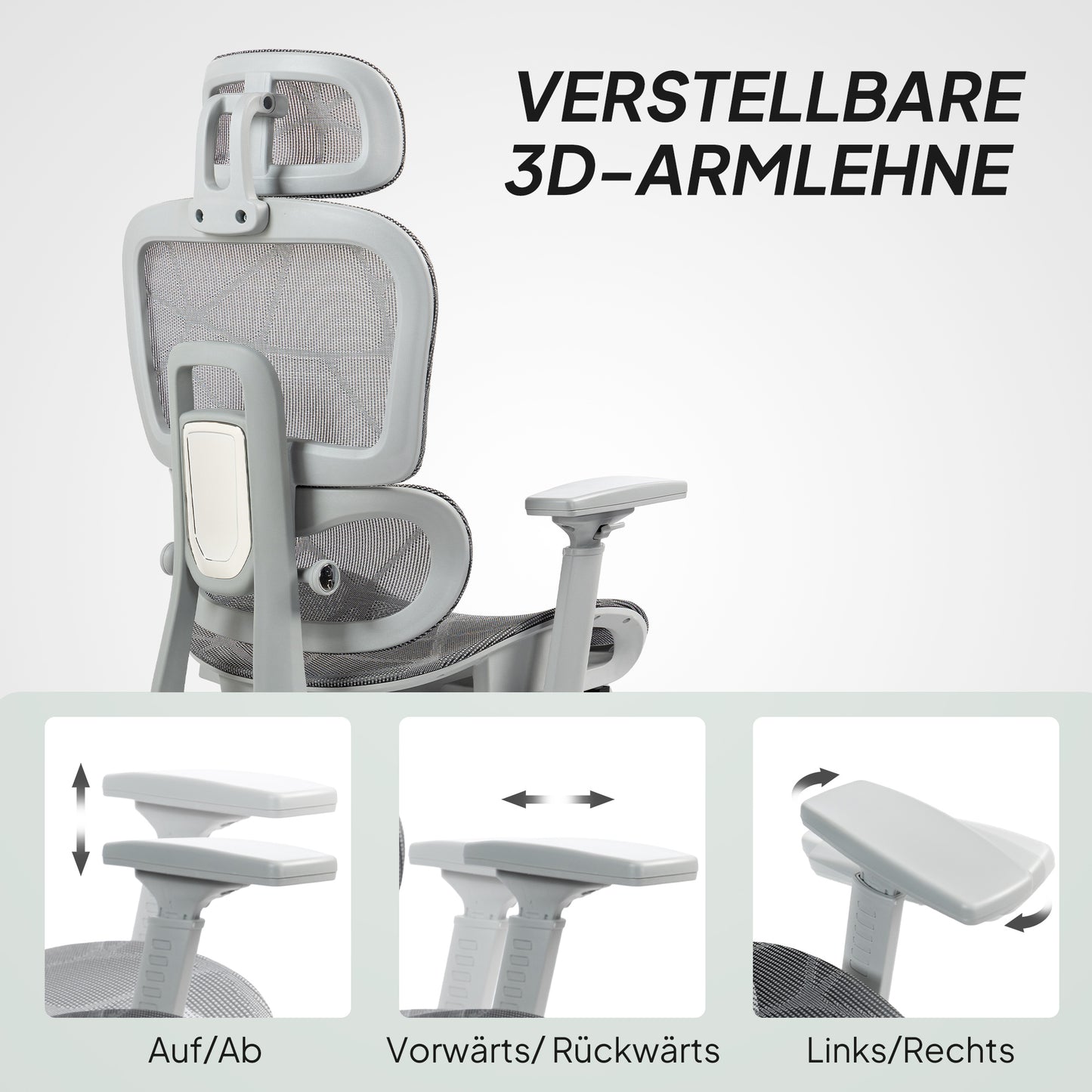 HOMCOM Bürostuhl، Ergonomischer Schreibtischstuhl mit Netzstoffbezug، verstellbar، rollbar، mit Armlehnen، Kopfstütze، Grau